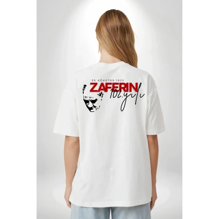30 Ağustos Zafer Bayramı Atatürk Temalı Oversize Bisiklet Yaka Tshirt  Beyaz