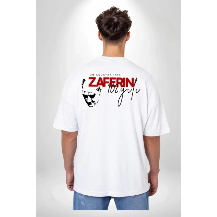 30 Ağustos Zafer Bayramı Ön Arka Baskılı Oversize Bisiklet Yaka Tshirt  Beyaz