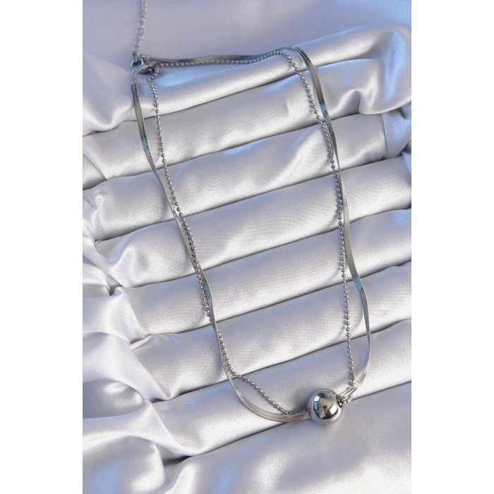 316L Çelik Çift Zincirli Gümüş Renk Topçuk İtalyan Model Kolye