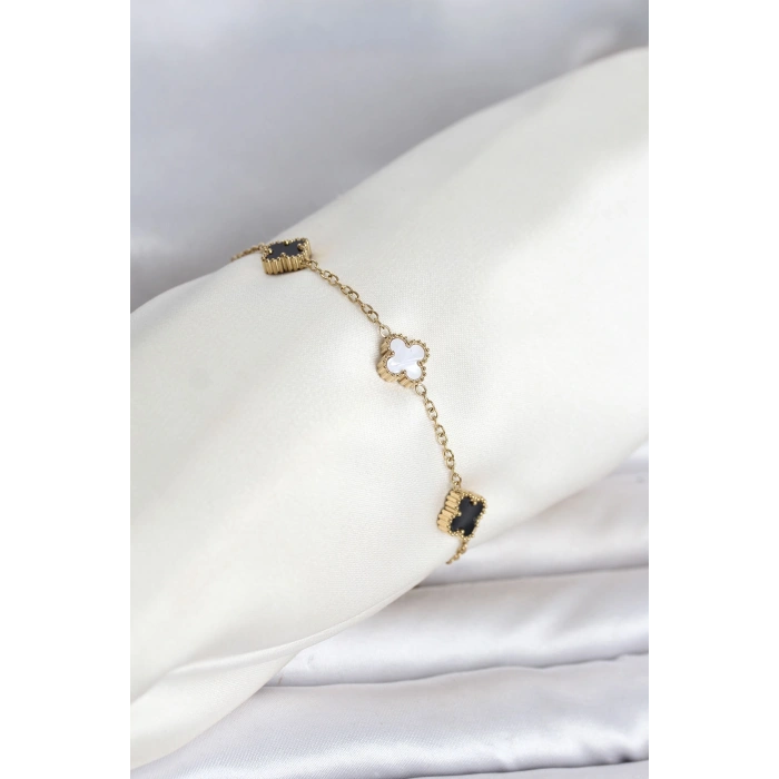 316L Çelik Gold Renk Siyah Beyaz Baby Yonca Model Kadın Bileklik