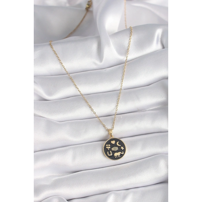 316L Çelik Gold Renk Siyah Şans Kolyesi