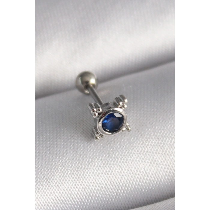 316L Çelik Gümüş Renk Mavi Zirkon Taşlı Tragus Piercing