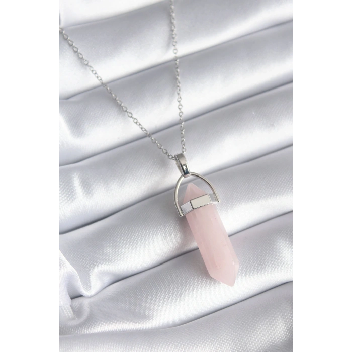 316L Çelik Gümüş Renk Pembe Taşlı Kadın Kolye