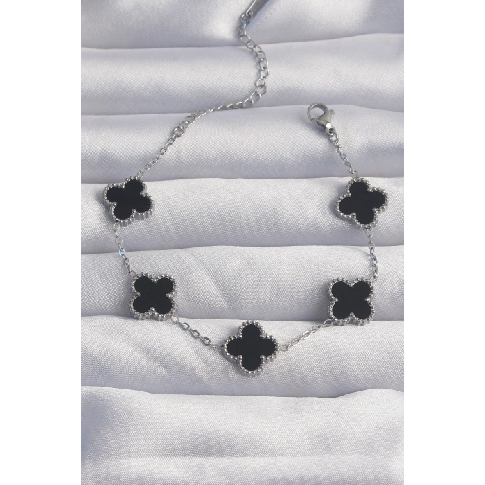 316L Çelik Gümüş Renk Siyah Mineli Yonca Bileklik