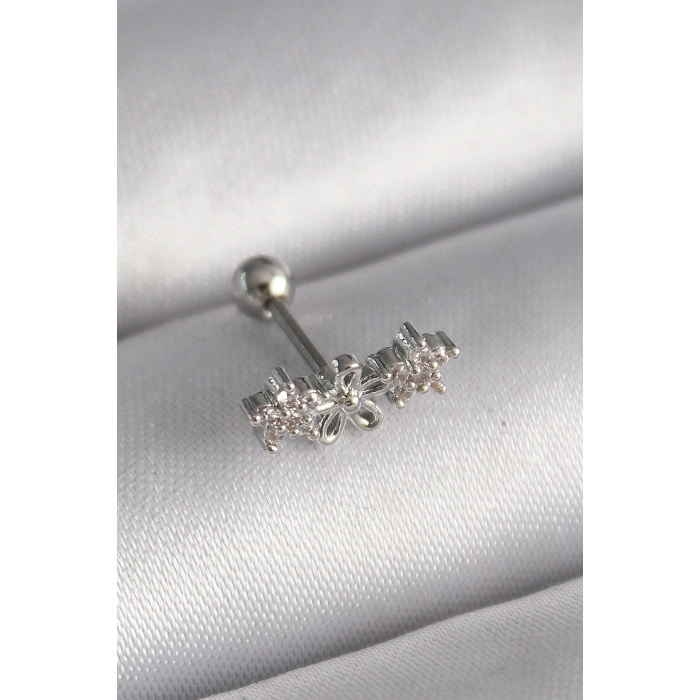 316L Çelik Gümüş Renk Zirkon Taşlı Çiçek Tragus Piercing