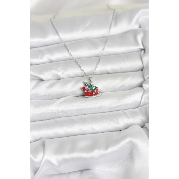 316L Çelik Zincir Gümüş Renk Kızak ve Çam Ağacı Figürlü Yılbaşı Temalı Kadın Kolye