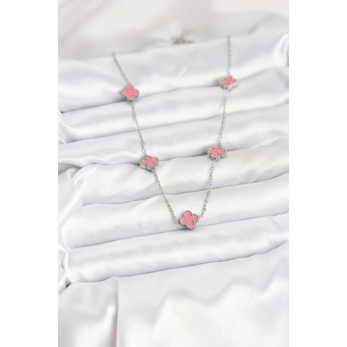 316L Çelik Zincir Gümüş Renk Pembe Baby Boy Yonca Kadın Kolye