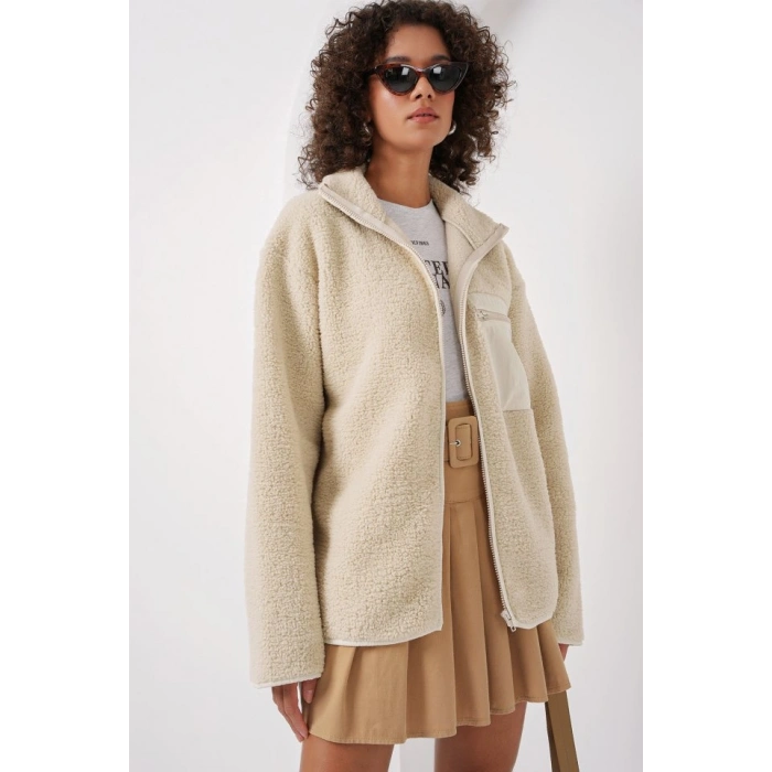 55446 Fermuarlı Oversize Peluş Ceket  Krem