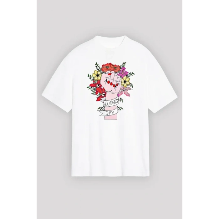 8 art Dünya Kadınlar Günü Baskılı Oversize Bisiklet Yaka Tshirt  Beyaz
