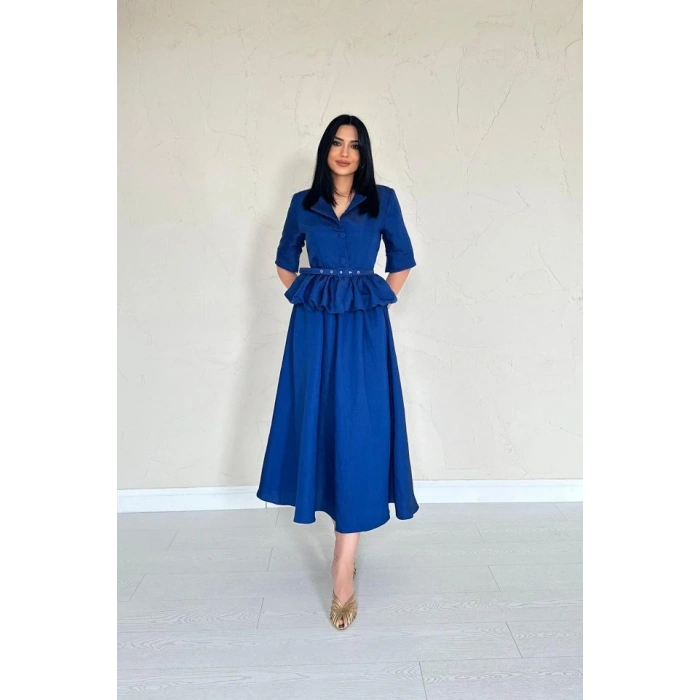 acivert İnce Kemerli Fırfırlı Ceket Ve Büzgülü Etek Takım