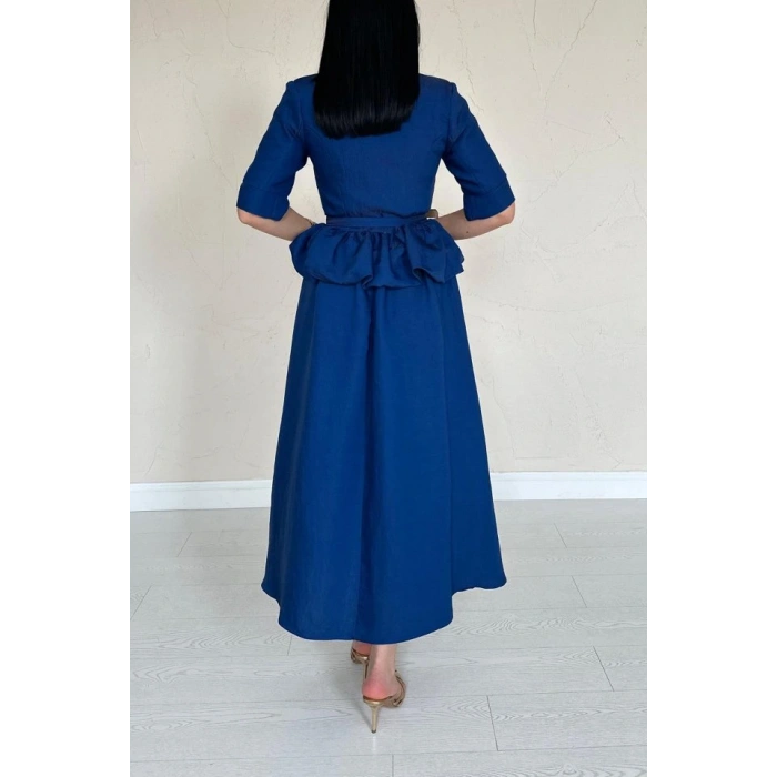 acivert İnce Kemerli Fırfırlı Ceket Ve Büzgülü Etek Takım