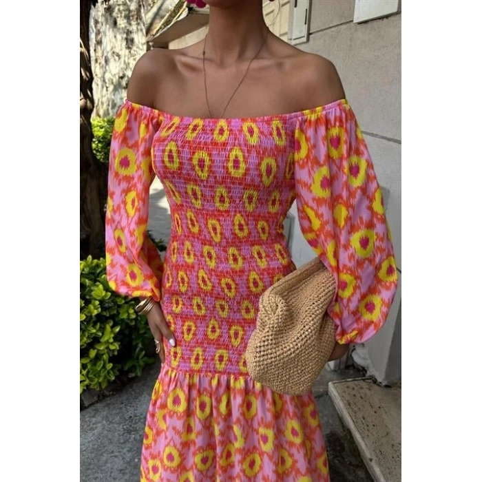 adonna Yaka Gipe Detaylı Desenli Elbise 2746