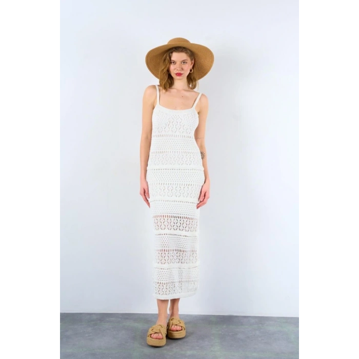 Ajurlu Astarlı Elbise  Ekru