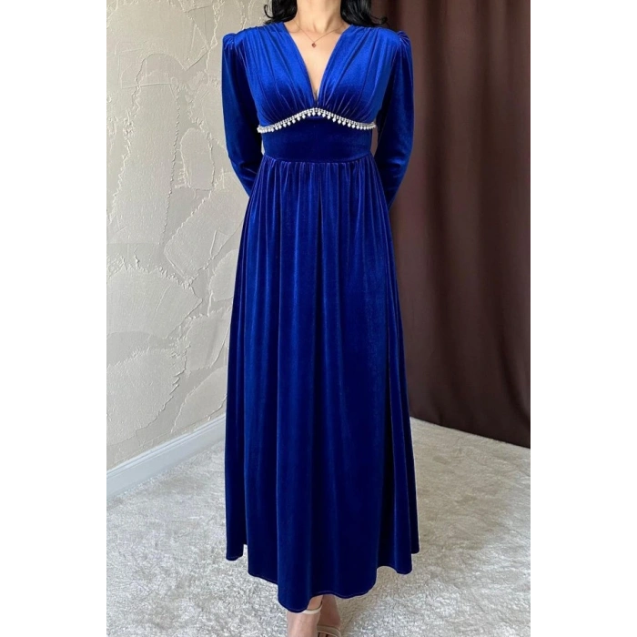 aks Göğüs Altı Taşlı Elbise