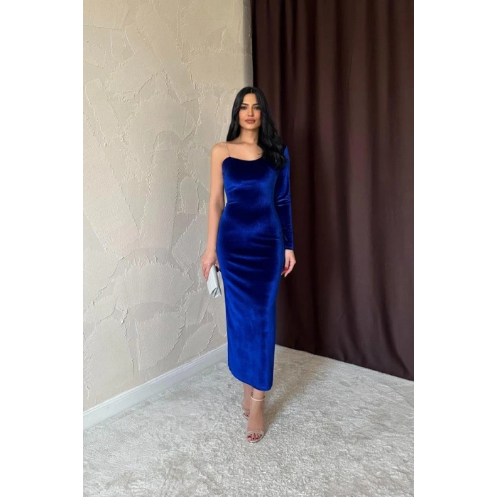 Saks Tek Omuzlu Taş Askılı Elbise