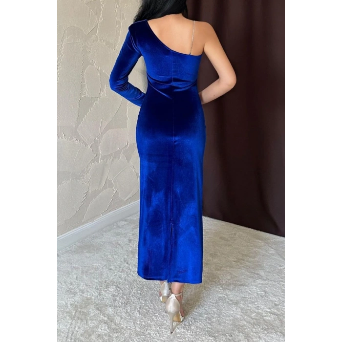 Saks Tek Omuzlu Taş Askılı Elbise