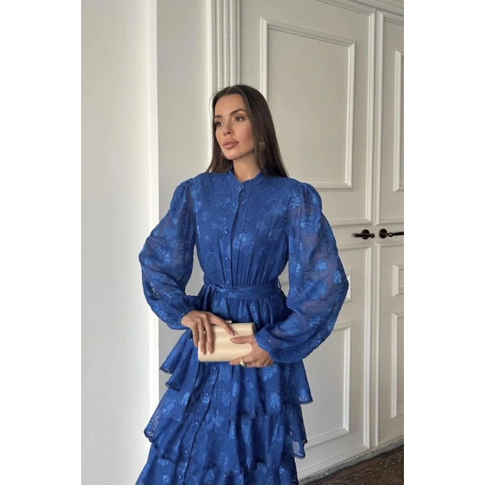 aks Valonlu Şeritli Kat Kat Elbise