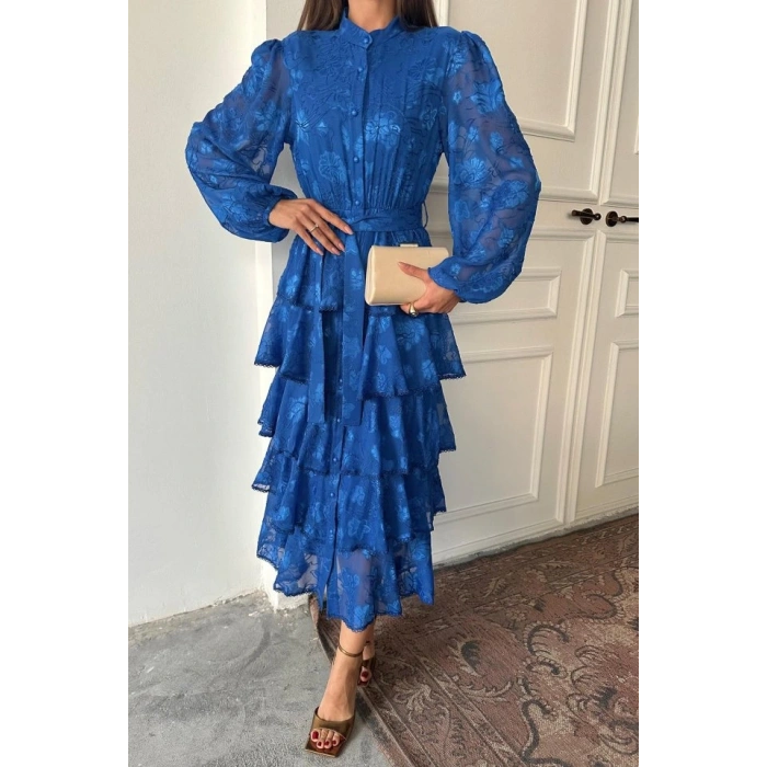 aks Valonlu Şeritli Kat Kat Elbise