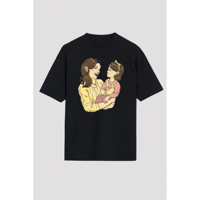 Anneler Günü Hediye Anne Kız Temalı Baskılı Oversize Bisiklet Yaka Tshirt  iyah