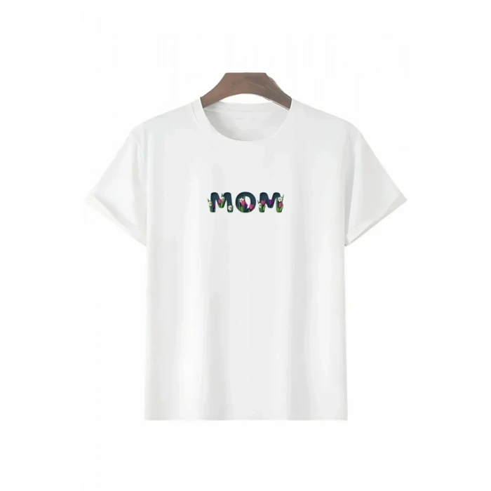 Anneler Günü Hediye om Çiçek Baskılı Oversize Bisiklet Yaka Tshirt  Beyaz