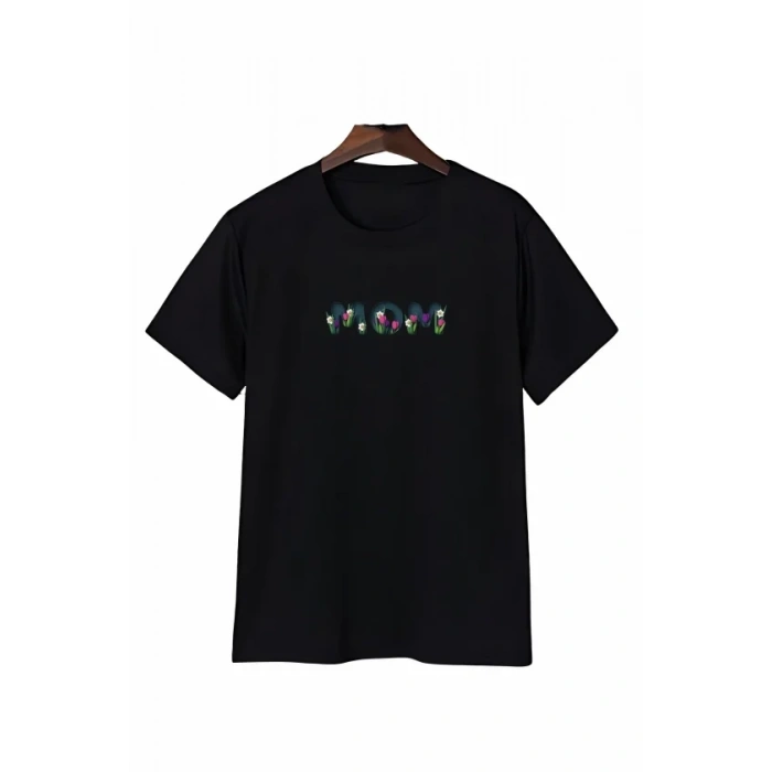Anneler Günü om Çiçek Temalı Baskılı Oversize Bisiklet Yaka Tshirt  iyah