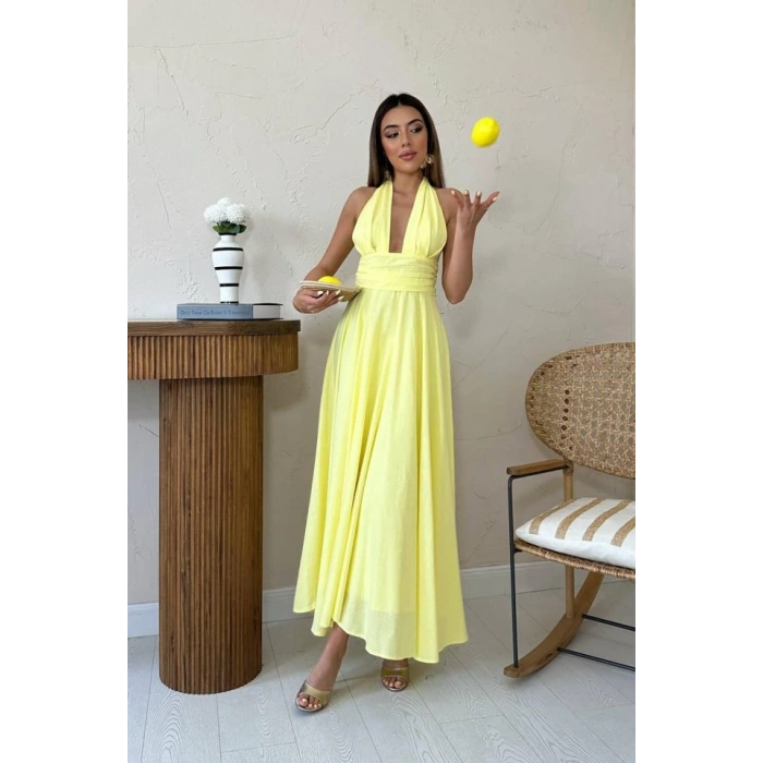 arı Askılı Keten Elbise