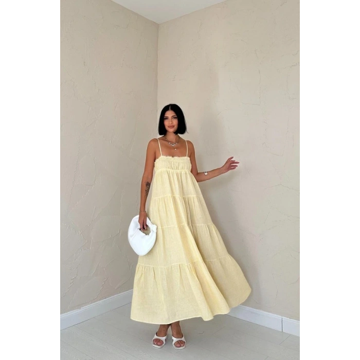 arı Askılı Parçalı Çizgili üslin Elbise