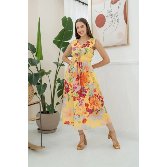 arı Çiçek Desenli Yazlık Elbise