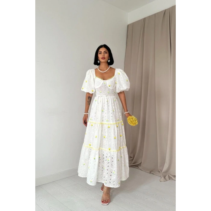 arı Dantel Detaylı Brode Elbise