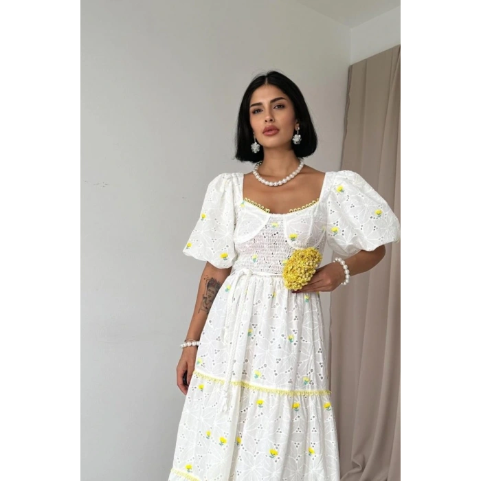 arı Dantel Detaylı Brode Elbise