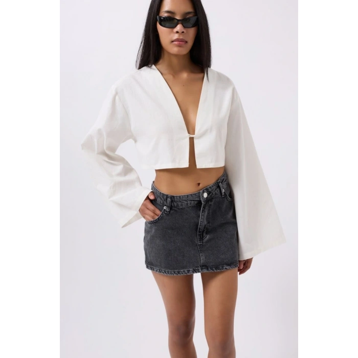 Asimetrik Bel Denim Mini Etek