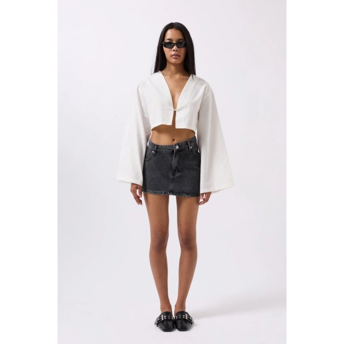 Asimetrik Bel Denim Mini Etek