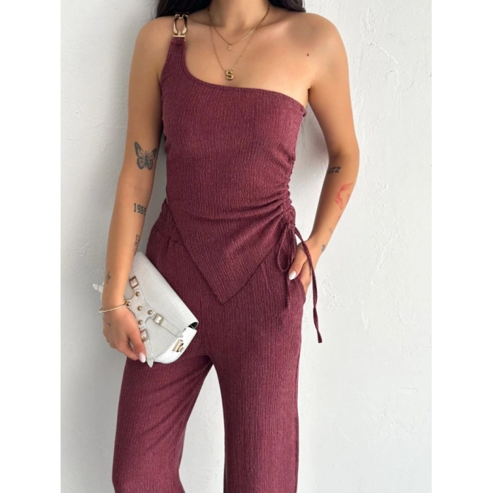 Asimetrik Crop Pantalon Ikili Takım  Gül Kurusu
