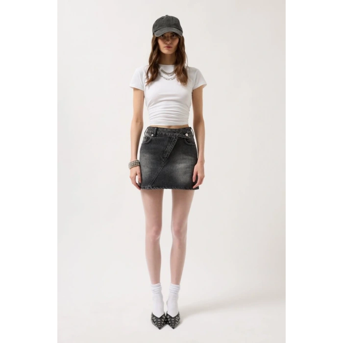 Asimetrik Kemer Denim Mini Etek