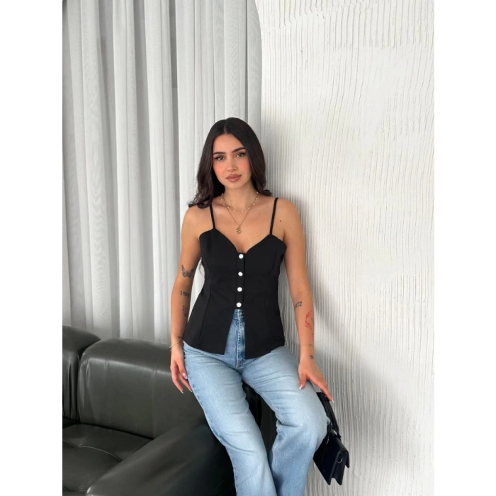 Askılı Dekolte Deraylı Bluz Crop  iyah