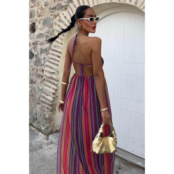 Askılı Pile Detaylı Renkli Maxi Elbise 2748