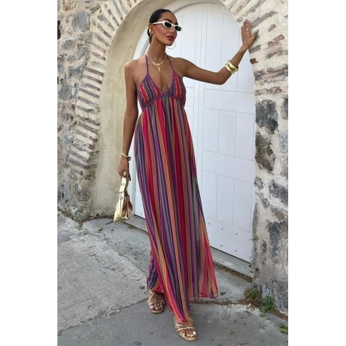 Askılı Pile Detaylı Renkli Maxi Elbise 2748