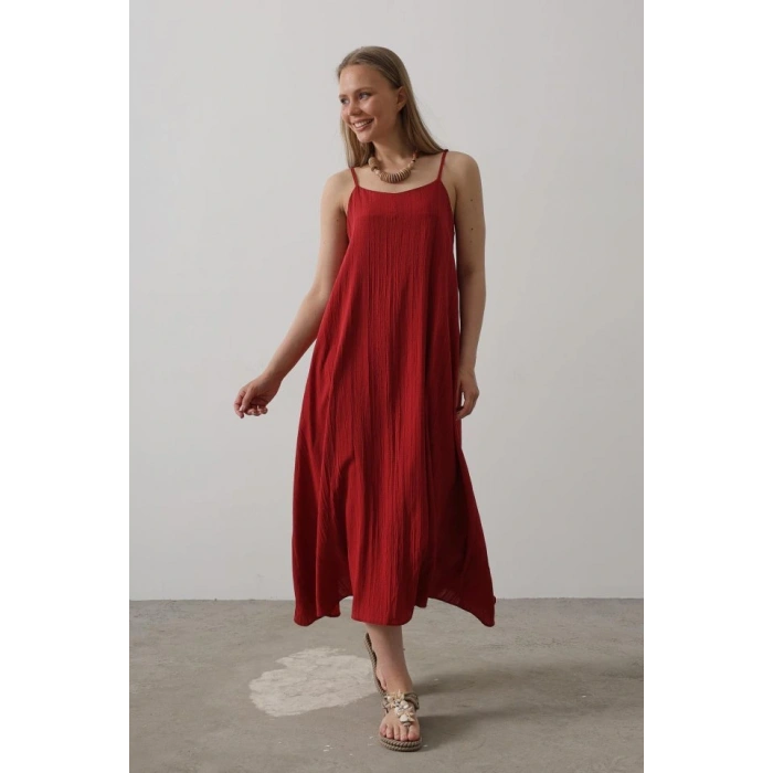 Askılı Uzun Çan Elbise  Bordo