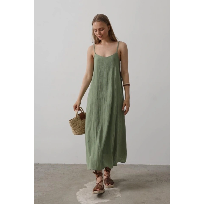 Askılı Uzun Çan Elbise  Haki