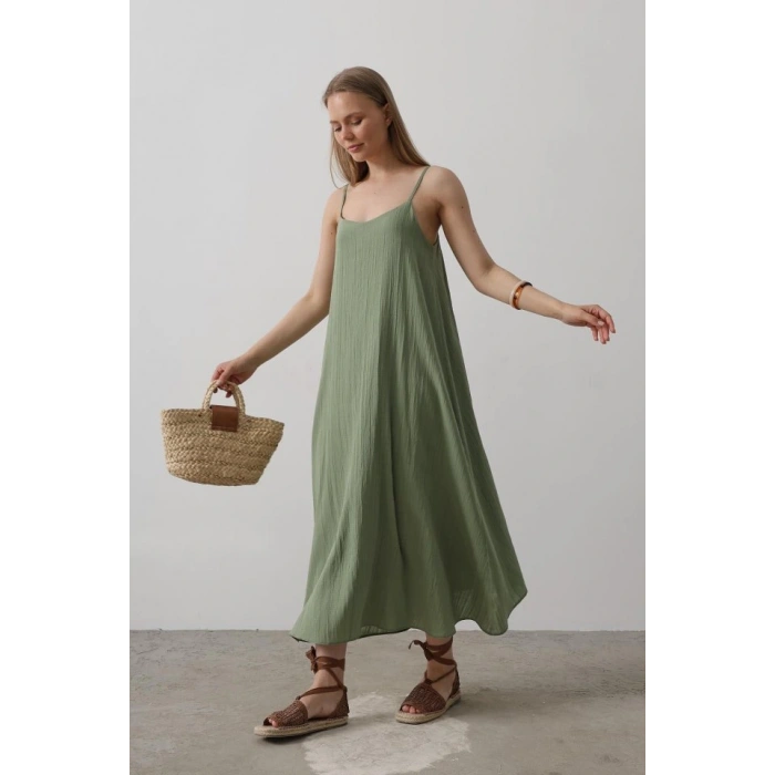 Askılı Uzun Çan Elbise  Haki