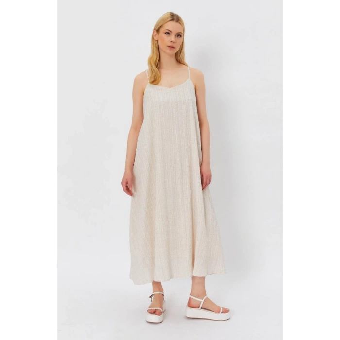 Askılı Uzun Çan Elbise  Natür