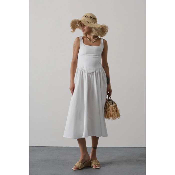 Askılı Uzun Elbise  Beyaz