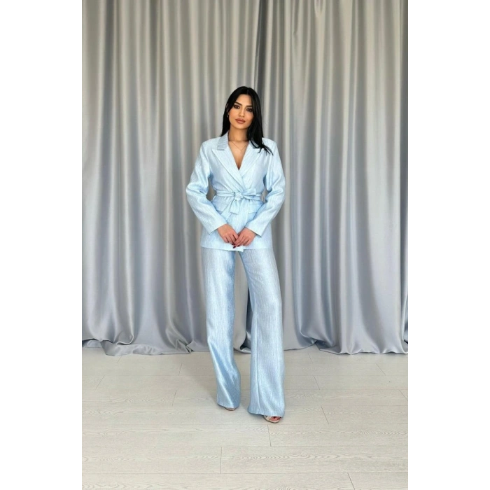 avi Beli Kuşaklı Ceket Ve Pantolon Parlak Takım