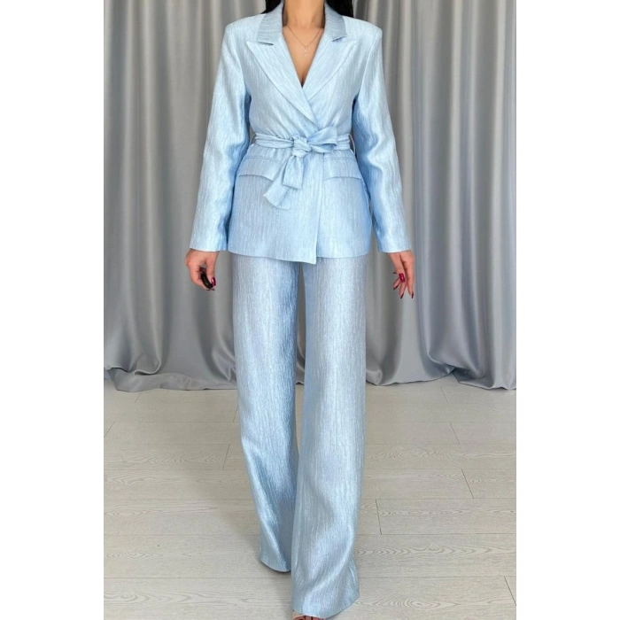 avi Beli Kuşaklı Ceket Ve Pantolon Parlak Takım