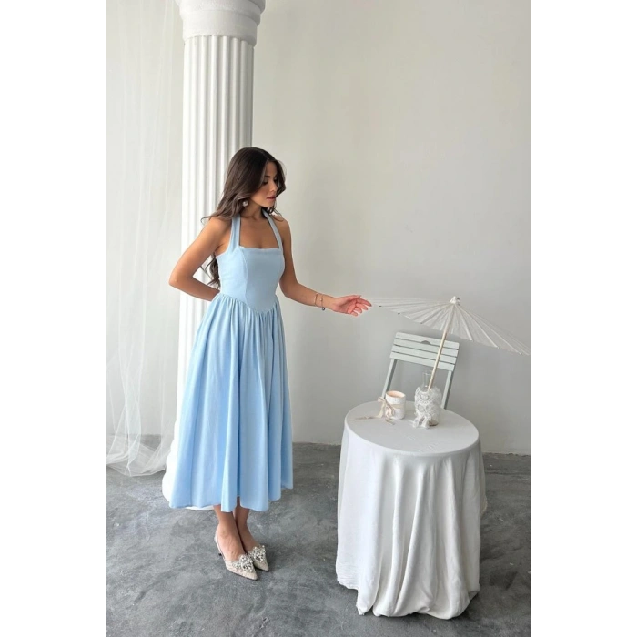 avi Boyundan Bağlamalı Keten Elbise