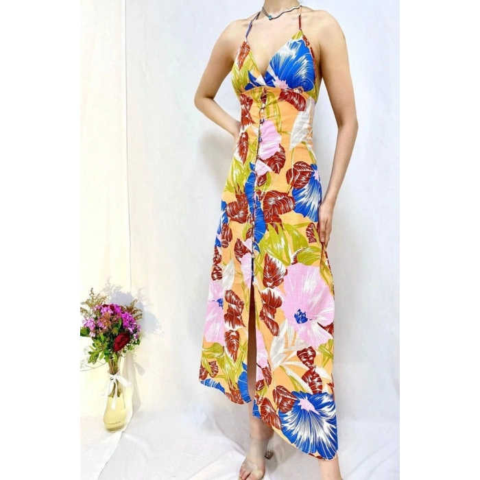 avi ırt Dekolteli Keten Elbise