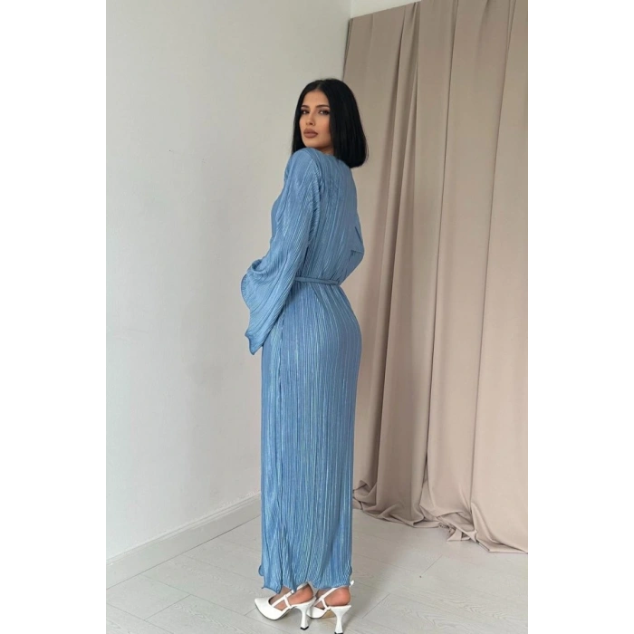Mavi İspanyol Kol Piliseli Elbise
