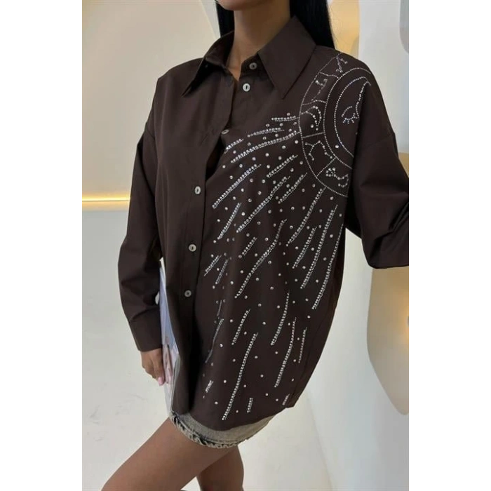 Ay Figürlü Taş İşlemeli Poplin Gömlek 3440