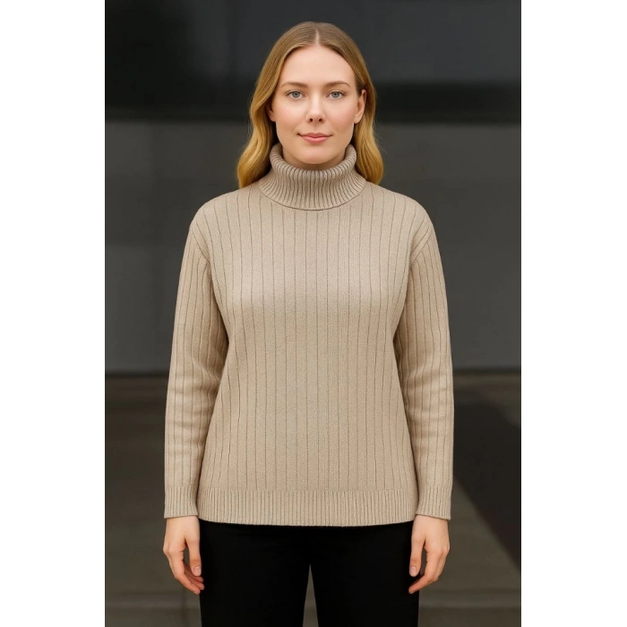 Balıkcı Yaka Bağazlı Triko Kazak Pamuklu Kalın Fitilli Dokuma  Bej