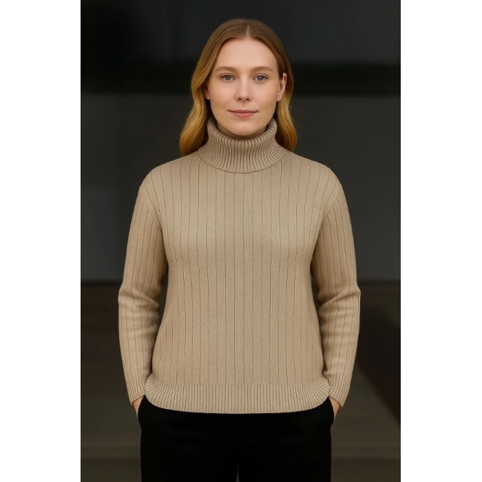 Balıkcı Yaka Bağazlı Triko Kazak Pamuklu Kalın Fitilli Dokuma  Bej